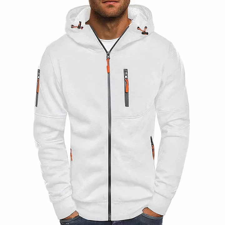 Männer weiße Kapuzenjacke mit Reißverschlüssen, sportlich, modisch, bequem, Baumwolle.