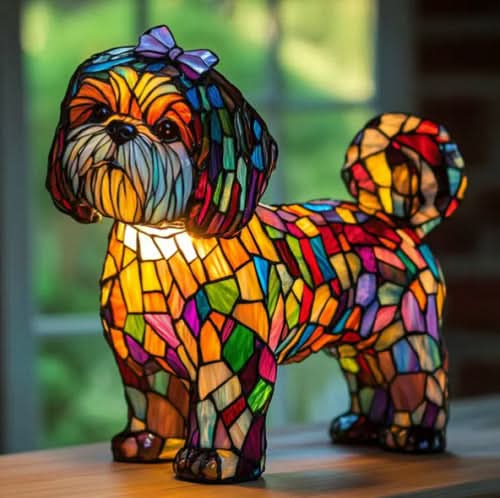 Lampa ve tvaru shih-tzu s fialovou mašličkou na hlavě, pestrobarevná vitrážová mozaika, stojí na dřevěné desce u okna. 23