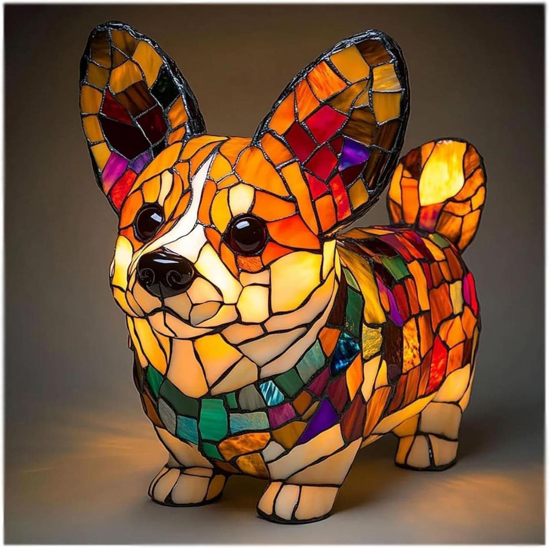 Lampa ve tvaru corgiho s velkýma ušima a stočeným ocasem, svítí oranžovou mozaikou se zelenými a fialovými dílky. 25