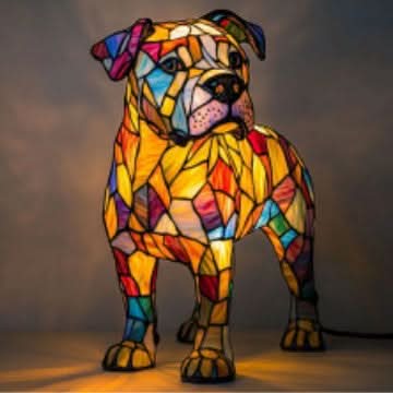 Lampa ve tvaru stafordšírského bullteriéra s barevnou vitrážovou mozaikou, vyfocená ve tmě s viditelným kabelem na pravé straně. 29