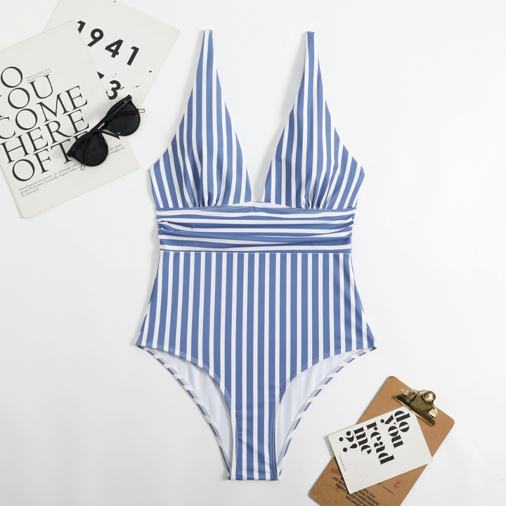 Trendy dámský bikiny s V-výstřihem a pruhovaným vzorem – Lina