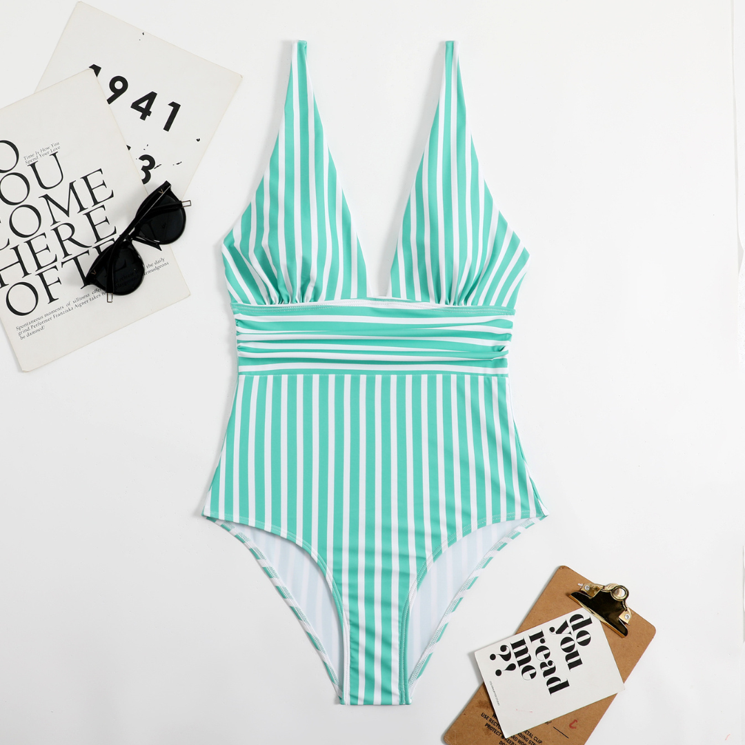 Trendy dámský bikiny s V-výstřihem a pruhovaným vzorem – Lina