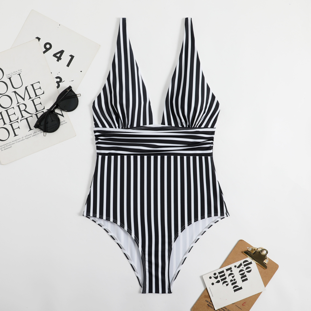 Trendy dámský bikiny s V-výstřihem a pruhovaným vzorem – Lina