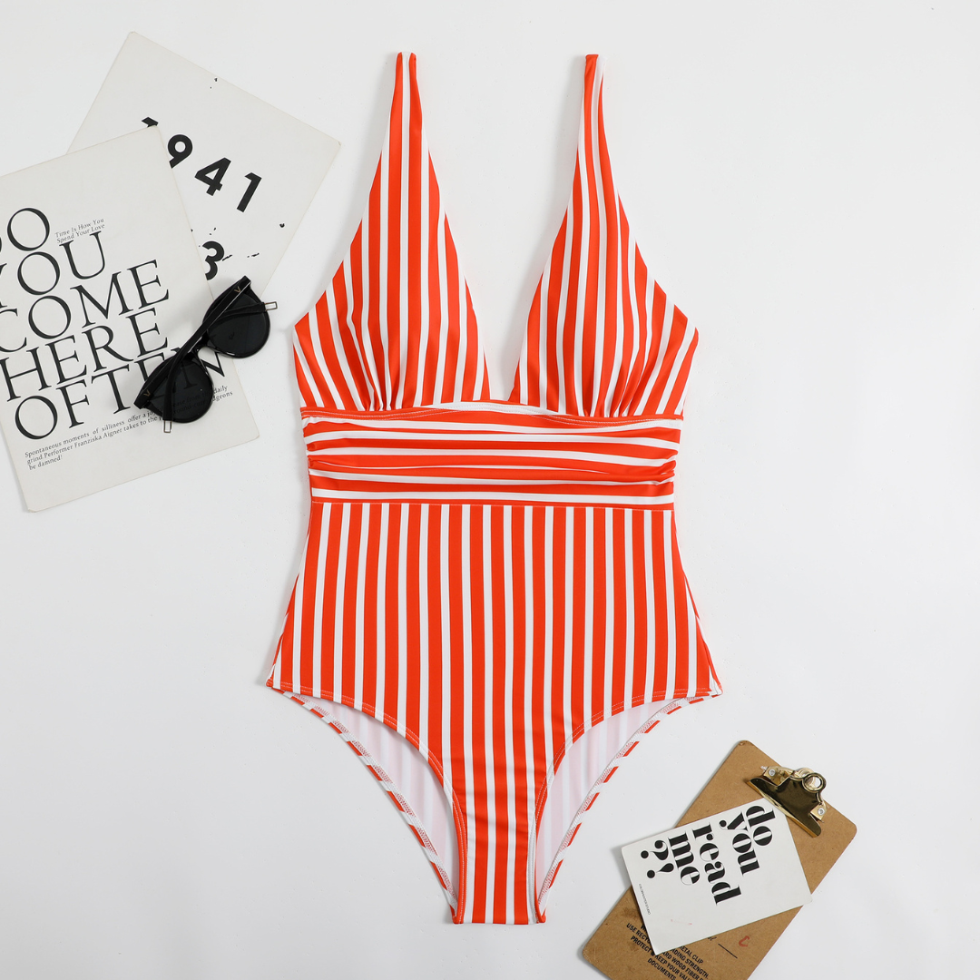 Trendy dámský bikiny s V-výstřihem a pruhovaným vzorem – Lina