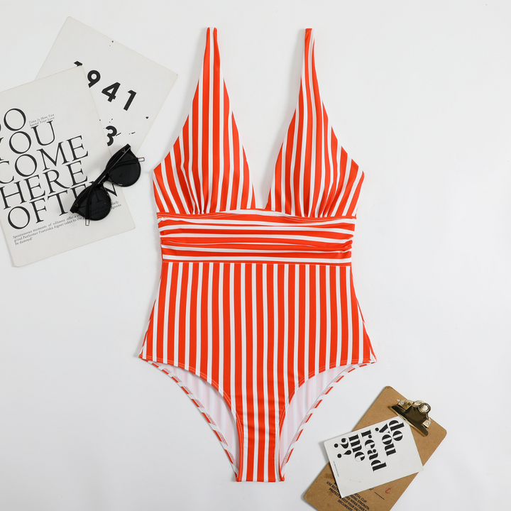 Trendy dámský bikiny s V-výstřihem a pruhovaným vzorem – Lina