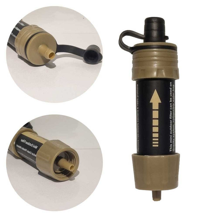 Tragbarer Wasserfilter, schwarz-beige, Outdoor, Camping, Survival, kompakt, leicht, effizient.