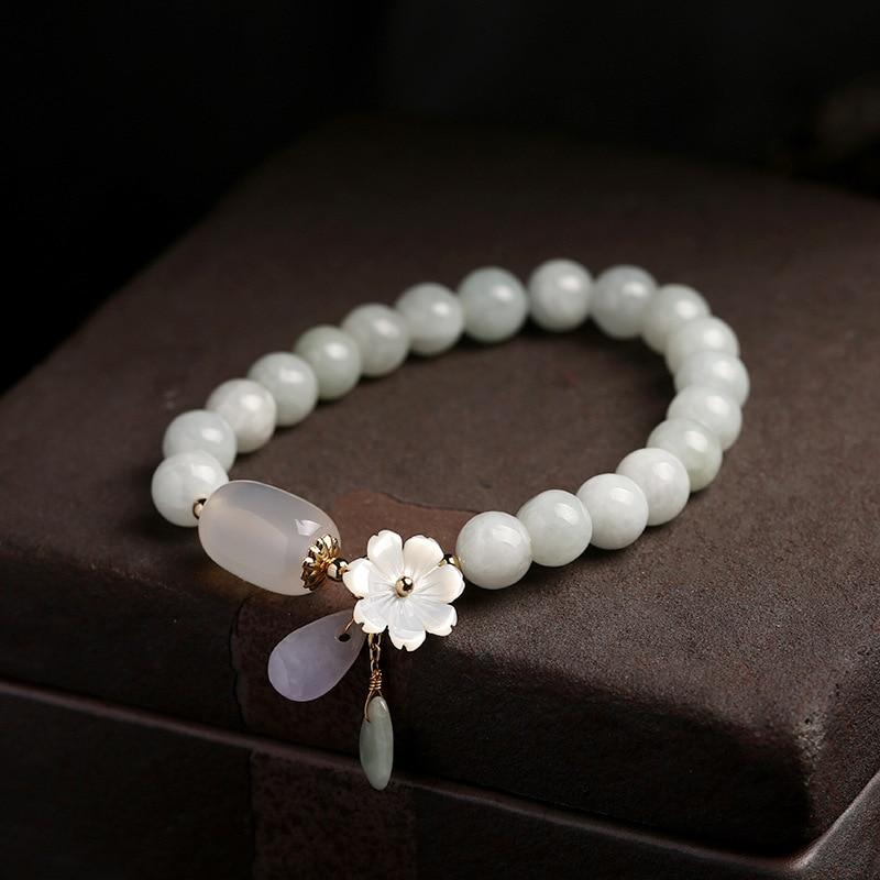 Armband aus Jade- und Achatperlen, verstellbar, mit Blumenanhänger, Schmuck, Yoga, grün.