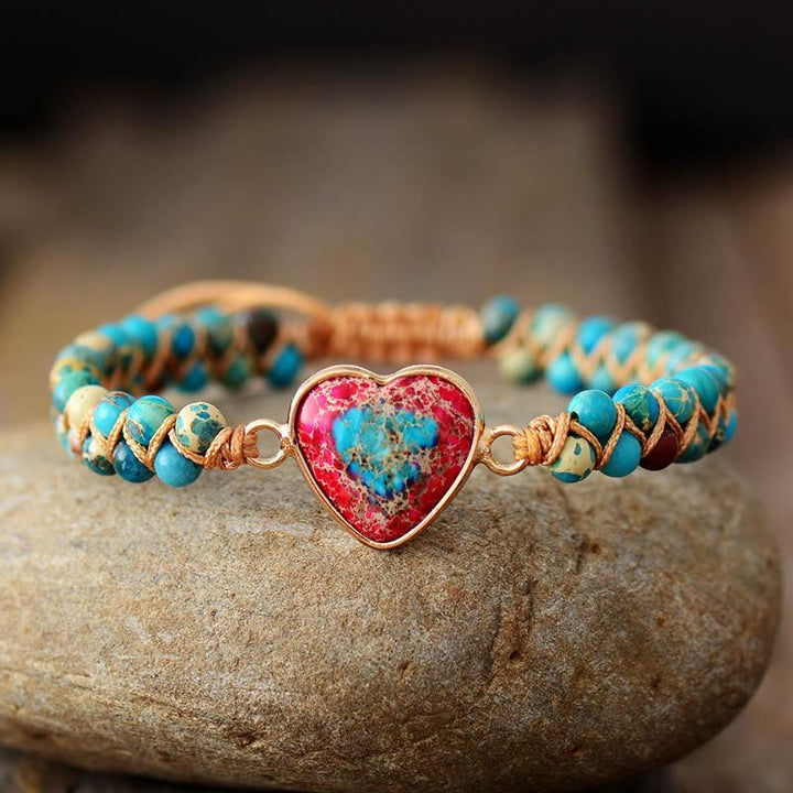 Makramee-Armband mit Herzanhänger, Naturstein, Türkis und Rot, Damen-Schmuck, Freundschaftsarmband.