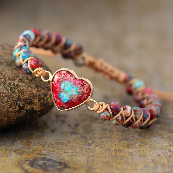 Herzarmband aus Naturstein, Makramee, rot-blau, Damen-Schmuck, Freundschaftsarmband.