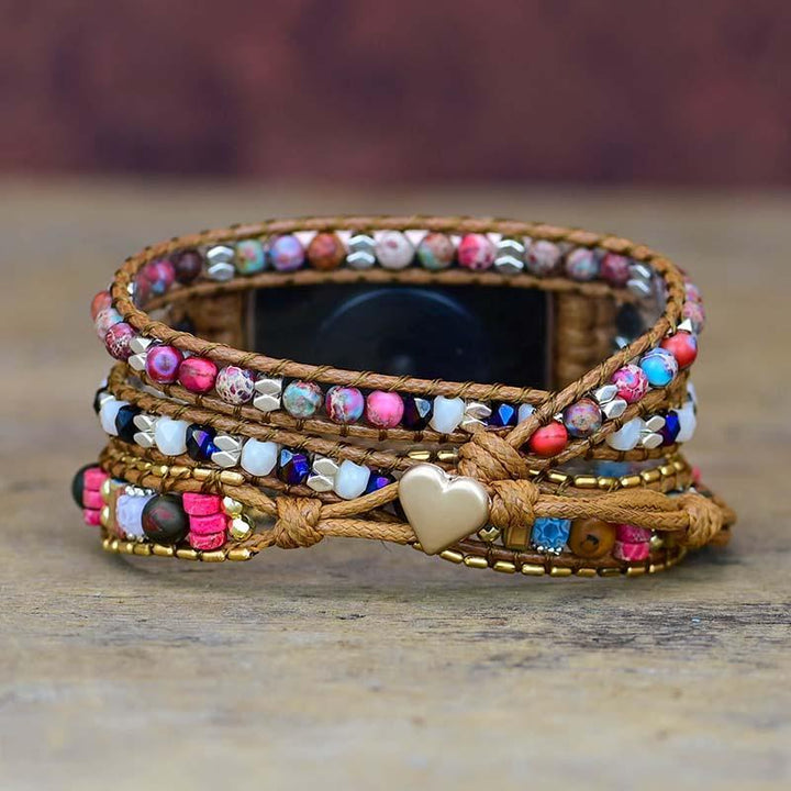 Apple Watch Armband, Naturstein, Boho-Stil, Wachsschnur, vegan, 3-fach Wickelarmband, bunt