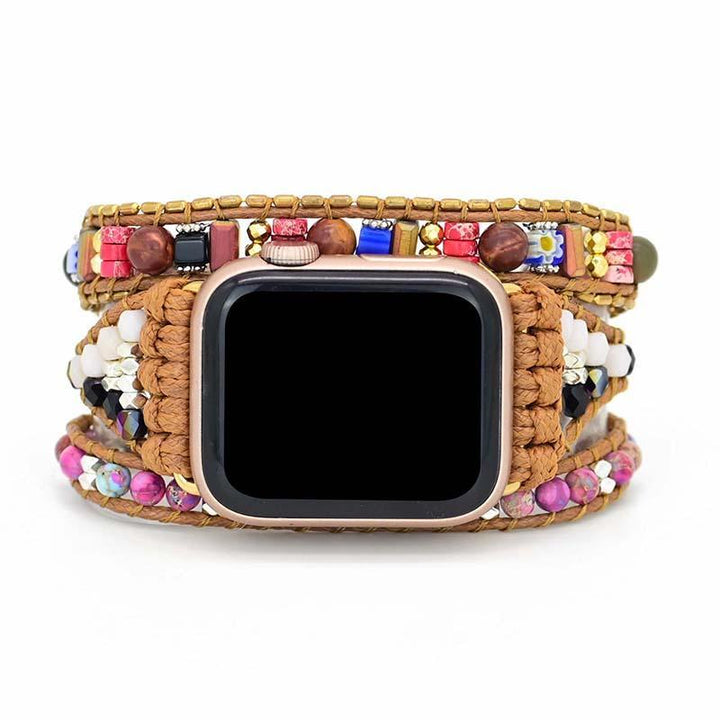 Apple Watch Armband, Naturstein, Boho-Stil, vegan, mehrfarbig, handgefertigt, Wickelarmband.