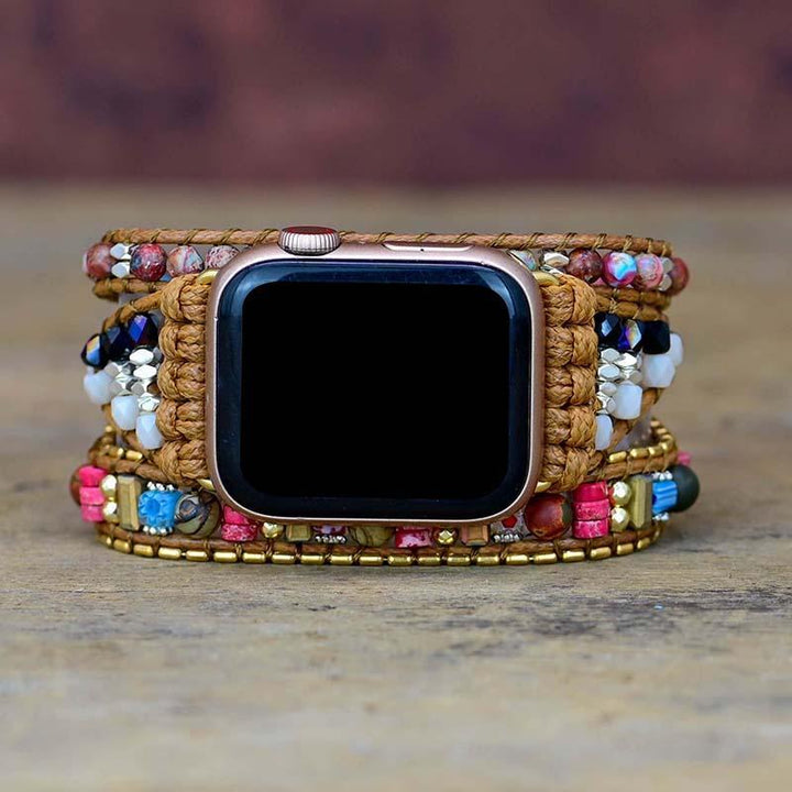Braunes Apple Watch Armband, Naturstein, Boho-Stil, vegan, handgefertigt, Wickelarmband.