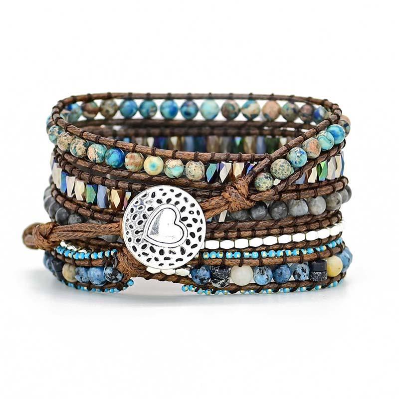 Apple Watch Armband aus Naturstein, Boho-Stil, Wachsschnur, 5-fach Wickelarmband, Braun.
