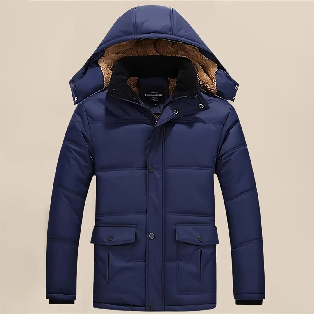 Dunkelblaue Winterjacke mit Kapuze, Herrenmode, warm gefüttert, wasserabweisend.