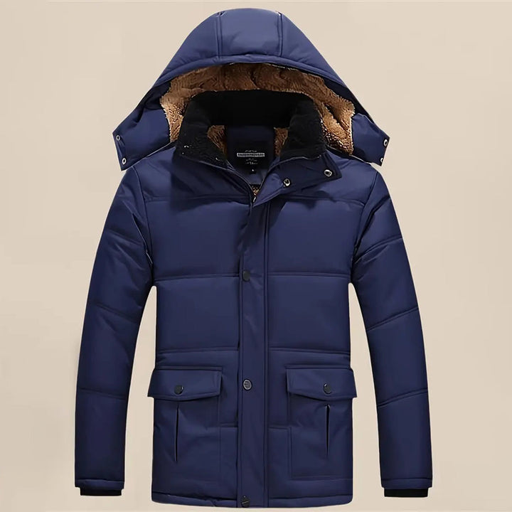 Dunkelblaue Winterjacke mit Kapuze, Herrenmode, warm gefüttert, wasserabweisend.