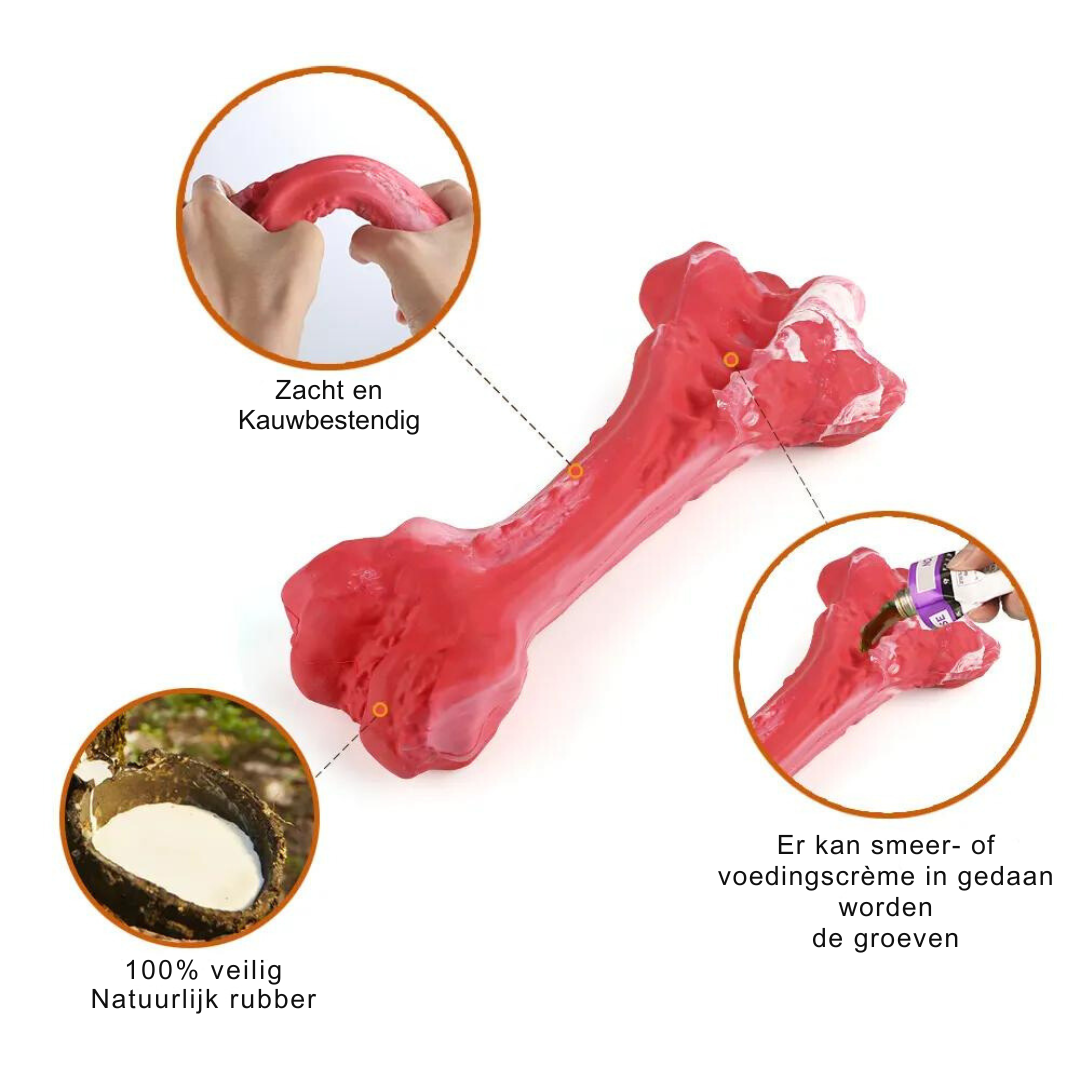 Rotes Hundekauspielzeug aus natürlichem Gummi, langlebig und sicher, Knochenform.