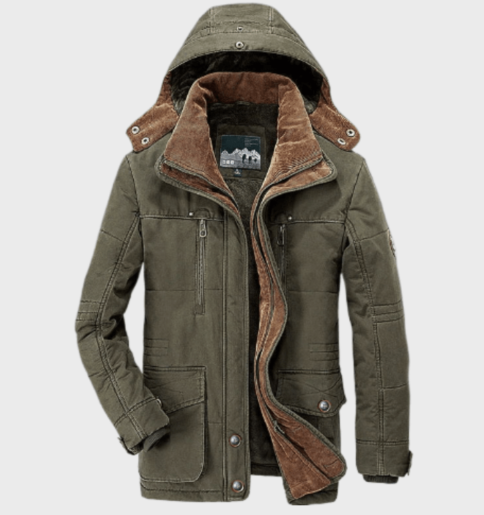 Grüne Herrenjacke mit Kapuze, Reißverschlüssen und braunem Futter, Wintermode.