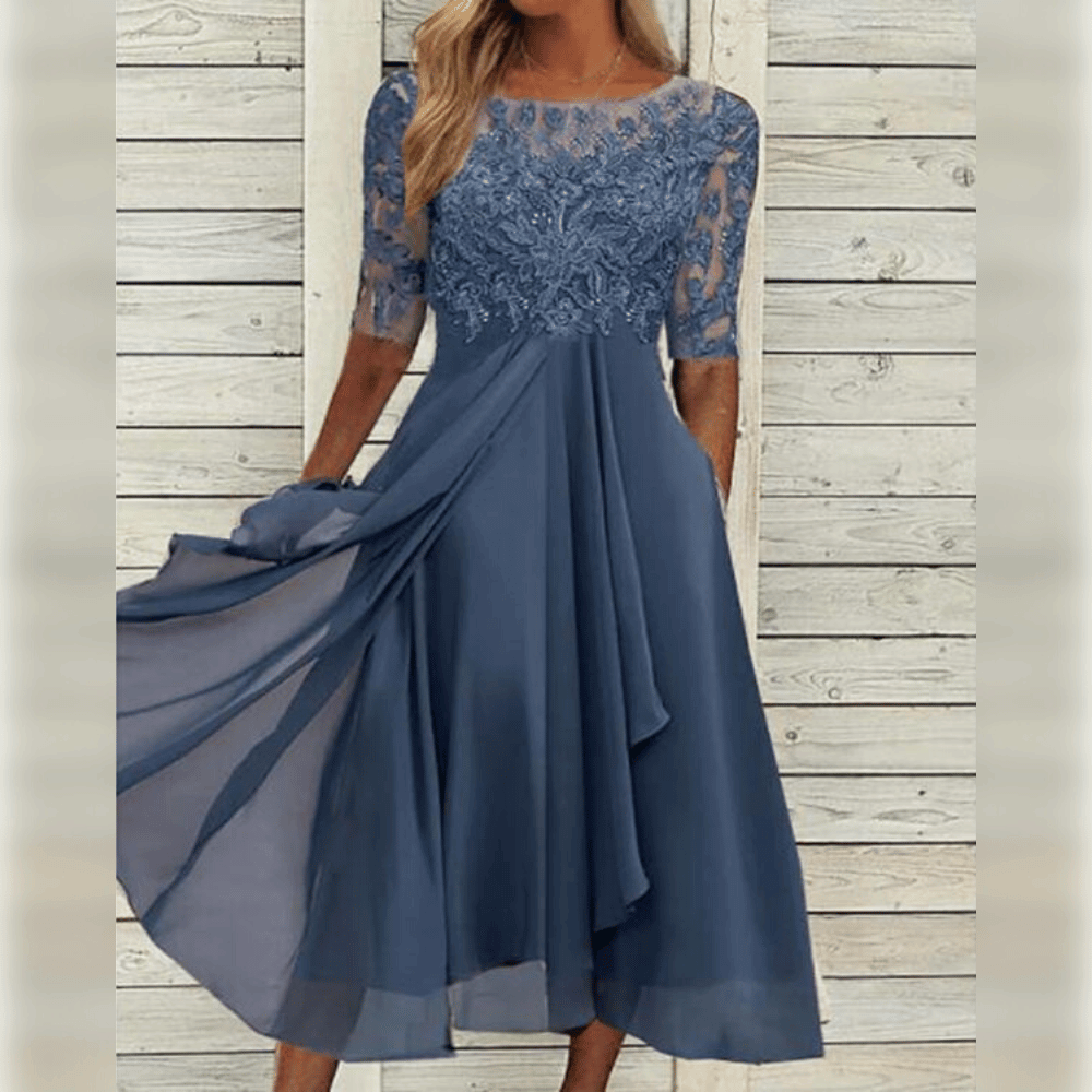 Damen Abendkleid blau Spitze Chiffon elegant knielang festlich Hochzeitspartykleid