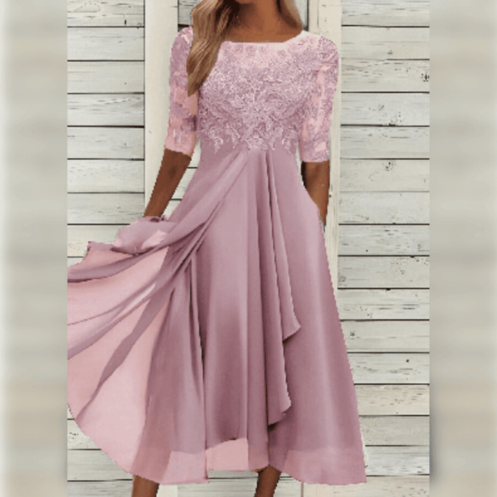 Rosa Spitzenkleid Damen, knielang, elegantes Design, festliche Mode, Abendkleid, 2023 Trends