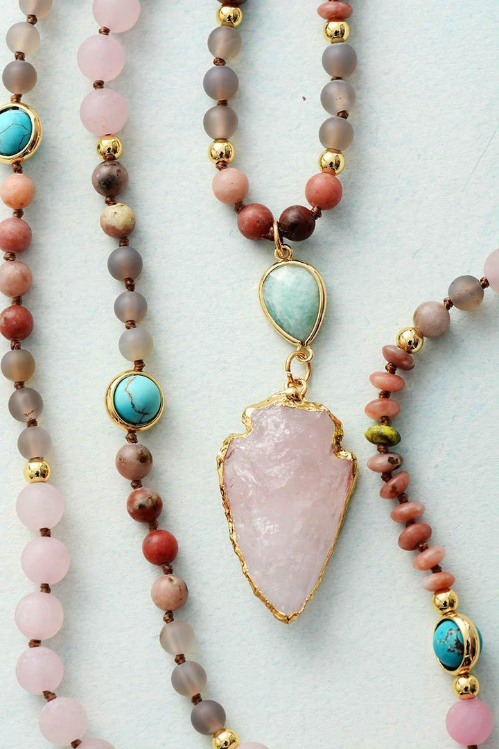 Ethno-Halskette mit Pfeilspitzen-Anhänger, Natursteine, Türkis, Amazonit, Damen-Schmuck.