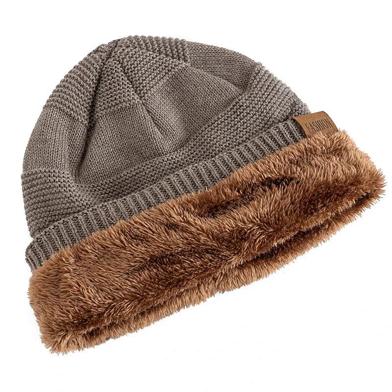 Graue Strickmütze mit braunem Kunstfellfutter, unisex, warm, Winterbeanie.