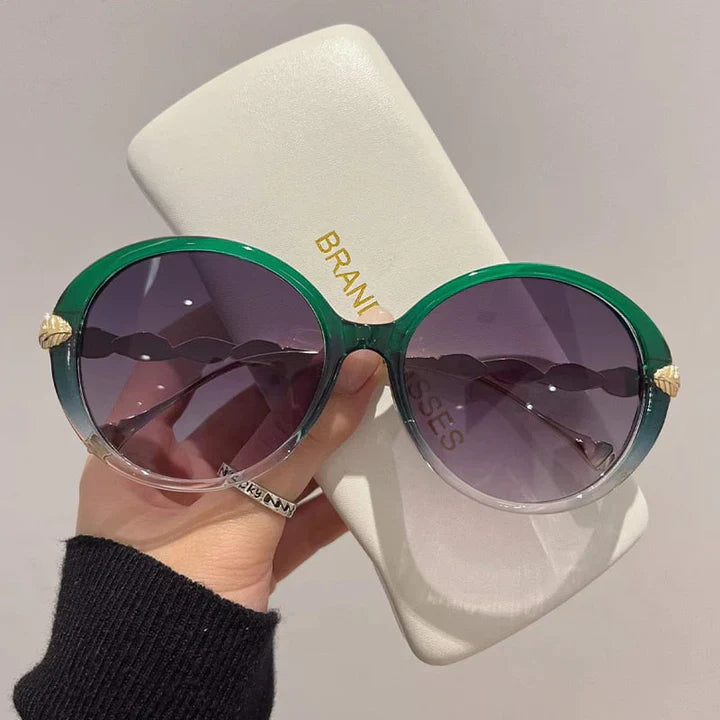 Grüne runde Sonnenbrille Damen, Gradient-Gläser, modisch, luxuriös, Designer-Etui.