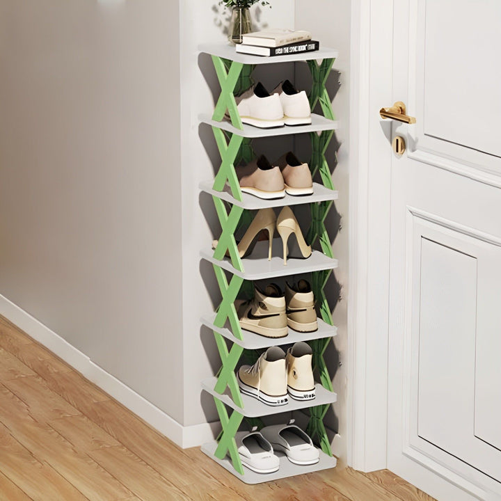 Schuhregal aus Holz, weiß und grün, platzsparend, 7 Ebenen, für Flur oder Eingang.