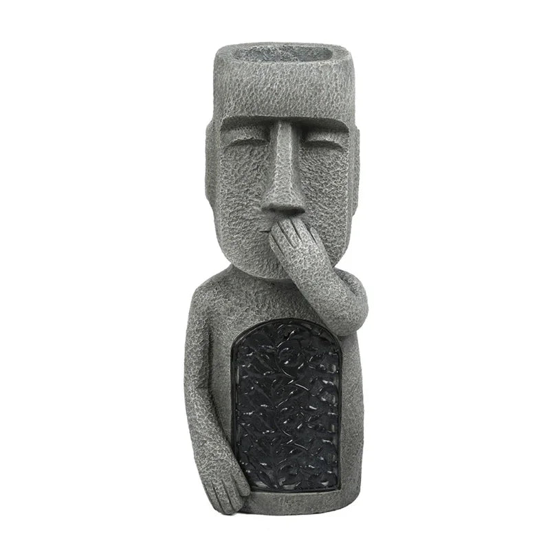 Moai Blumentopf mit LED-Licht, graue Steinoptik, Garten-Dekoration, 50 cm hoch.