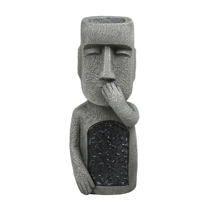 Moai Blumentopf mit LED-Licht, graue Steinoptik, Garten-Dekoration, 50 cm hoch.