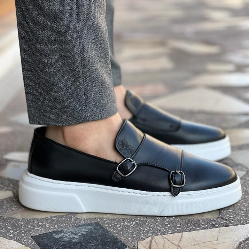 Schwarze Herren-Mönchsschuhe mit Doppel-Gesp, vulkanisiert, handgefertigt, Slip-On.