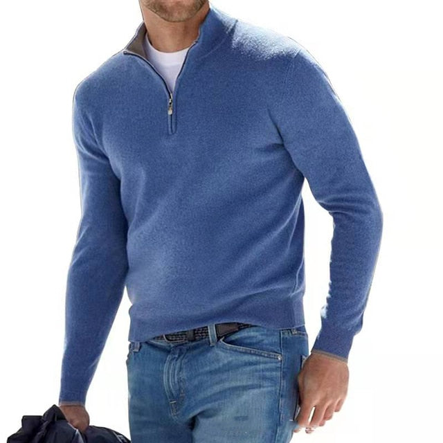 Blauer Herren-Pullover mit Reißverschluss, langärmelig, casual, aus Baumwolle, modisch.