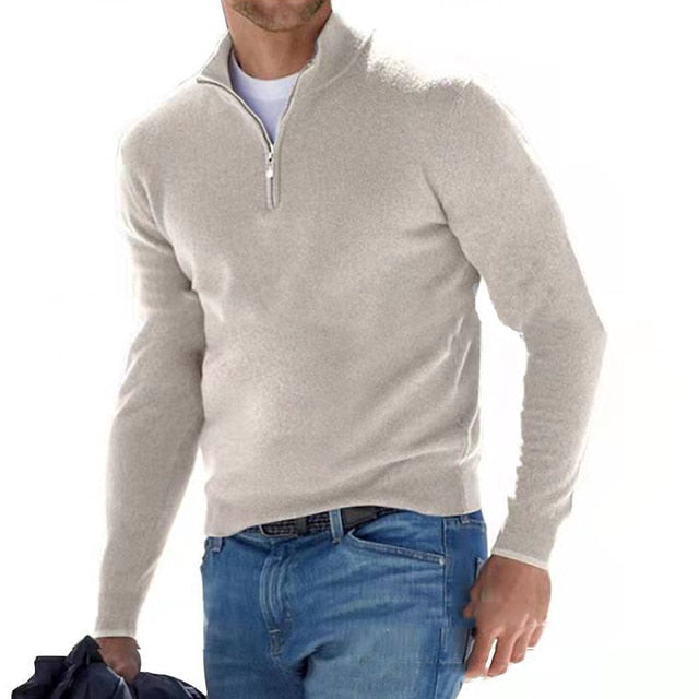 Herren-Pullover, beige, Reißverschluss, langärmelig, casual, hochwertig, Frühling, Herbst.