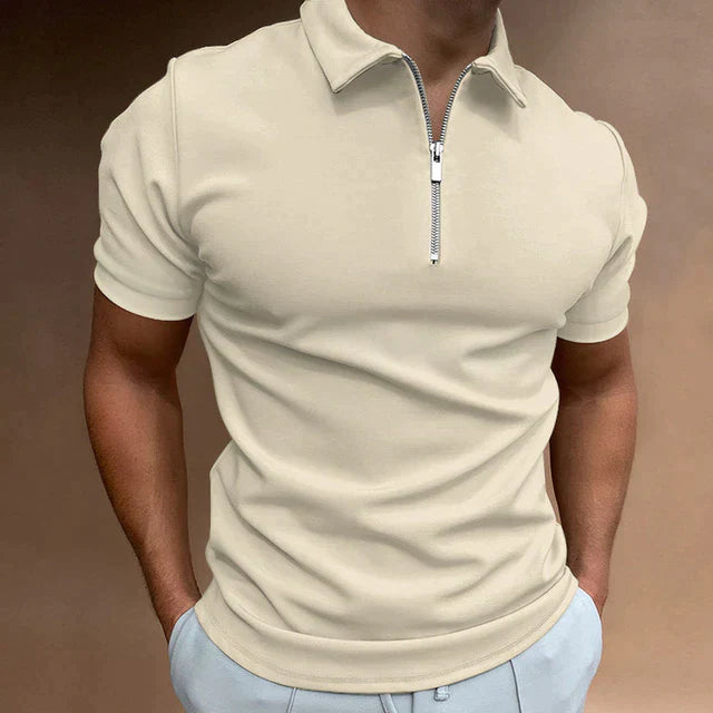 Beiges Herren-Poloshirt mit Reißverschluss, Kurzarm, klassischer Kragen, Baumwolle.