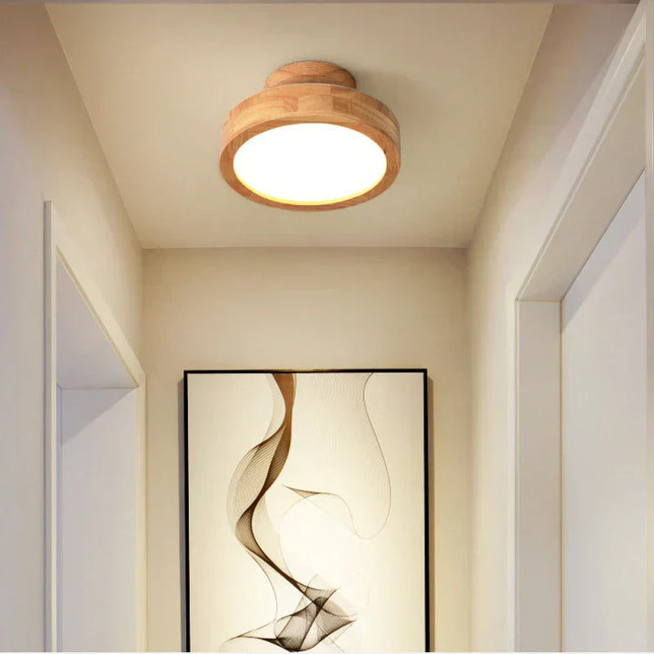 Runde Deckenleuchte aus Holz, LED, skandinavisches Design, Flurbeleuchtung, modern, minimalistisch.
