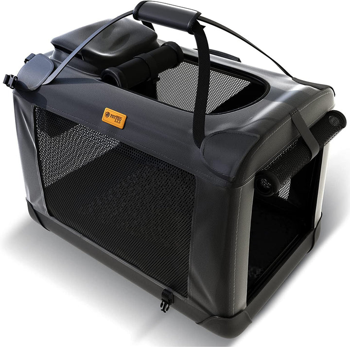 Tragbare schwarze Hundebox aus Mesh und Kunststoff, faltbar, ideal für Reisen und Transport.