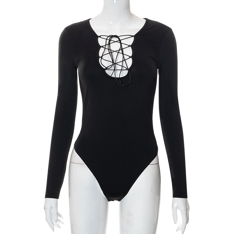 Podzimní dámský bodysuit s šněrováním a hlubokým V výstřihem – Aveline
