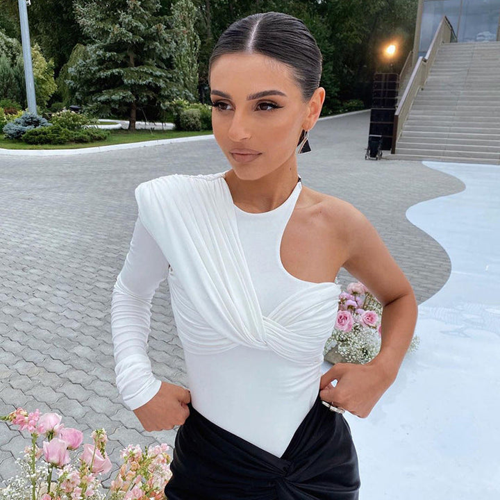 Stylový dámský bodysuit s dlouhým rukávem, drapovaným efektem a přiléhavým střihem – Mira