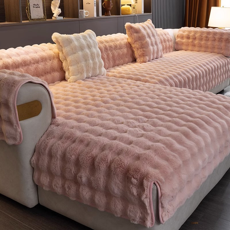 Rosa Plüsch-Sofabezug, weich, luxuriös, dekorativ, für Wohnzimmer, modernes Design.