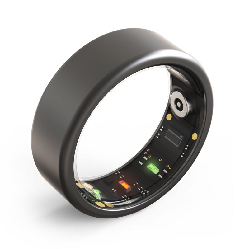 Schwarzer Smart-Ring aus Metall mit Sensoren, Gesundheitsüberwachung, Fitness-Tracking.