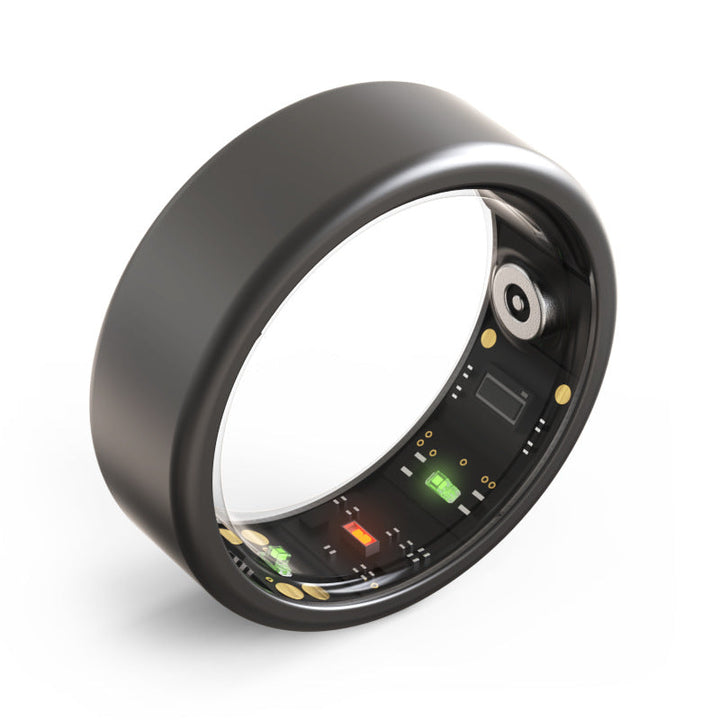 Schwarzer Smart-Ring aus Metall mit Sensoren, Gesundheitsüberwachung, Fitness-Tracking.