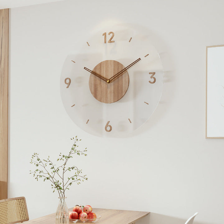 Moderne Wanduhr aus Holz und Glas, minimalistisches Design, Wohnzimmerdekoration.