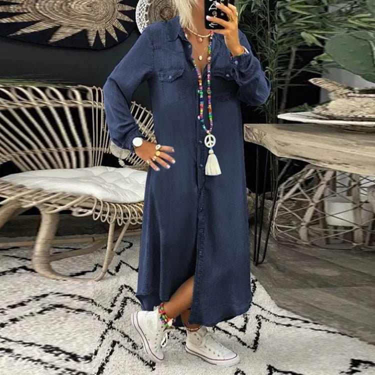 Trendy džínové šaty s knoflíkovou légou a kapsami – Isaline
