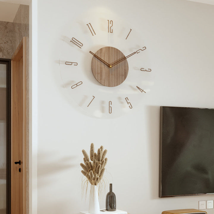 Moderne Wanduhr aus Holz und Glas, minimalistisches Design, Wohnzimmerdekoration.