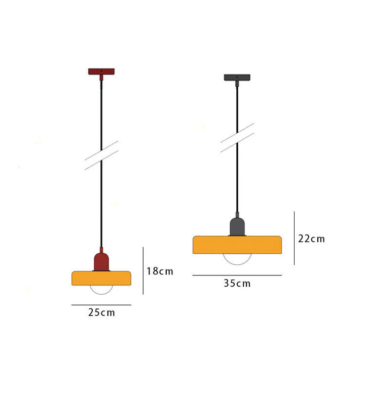 Zwei moderne Pendelleuchten, gelb und rot, mit Maßen, minimalistisch, für Esszimmer.