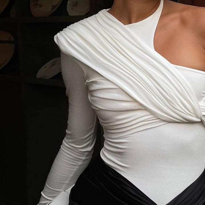 Stylový dámský bodysuit s dlouhým rukávem, drapovaným efektem a přiléhavým střihem – Mira