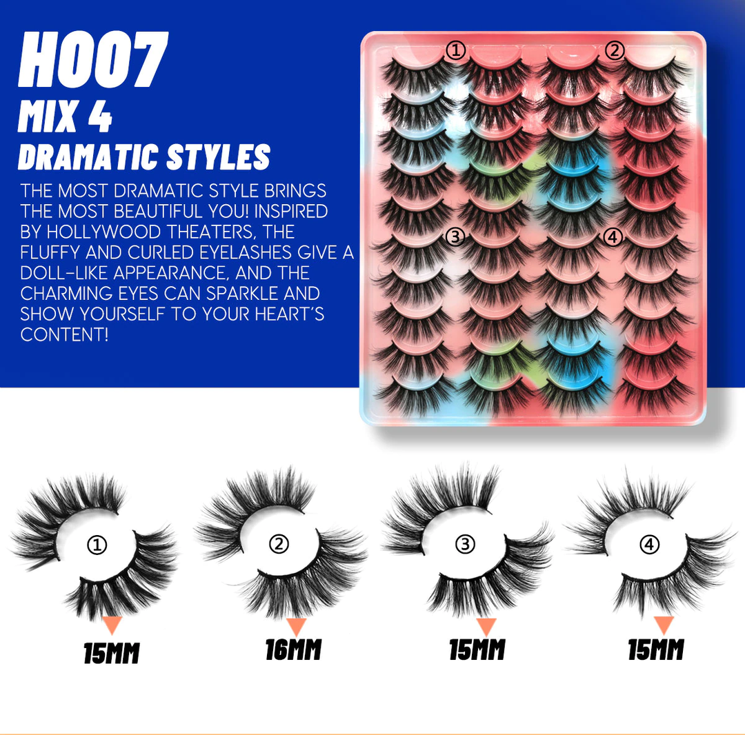 Falsche Wimpern Set, Mix 4 Stile, dramatisch, 15mm-16mm, schwarz, bunt, voluminös, Theater-Look.