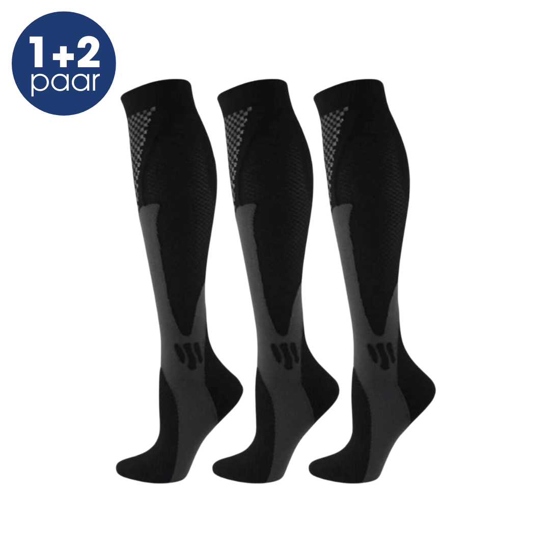Schwarze Kompressionsstrümpfe, 3er-Pack, atmungsaktiv, für Sport und Alltag.