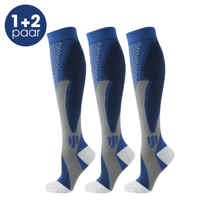 Drei blaue Kompressionsstrümpfe, atmungsaktiv, für Sport und Reisen, 1+2 Paar Angebot.
