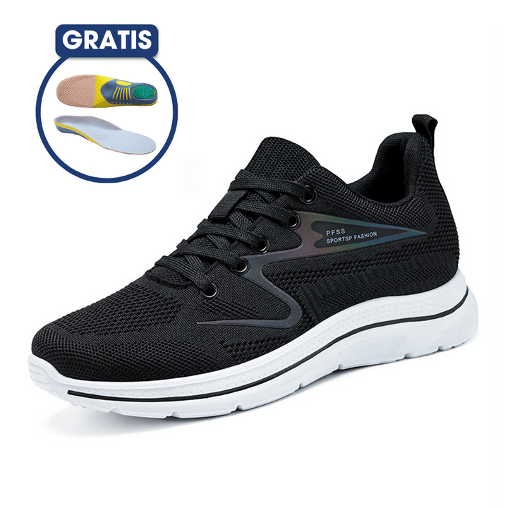 Schwarzer Sportschuh mit weißer Sohle, atmungsaktiv, gratis Einlegesohle, Herren Sneaker.