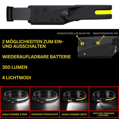 Wiederaufladbare LED-Stirnlampe, 350 Lumen, 4 Modi, schwarz-gelb, Induktionsschalter.